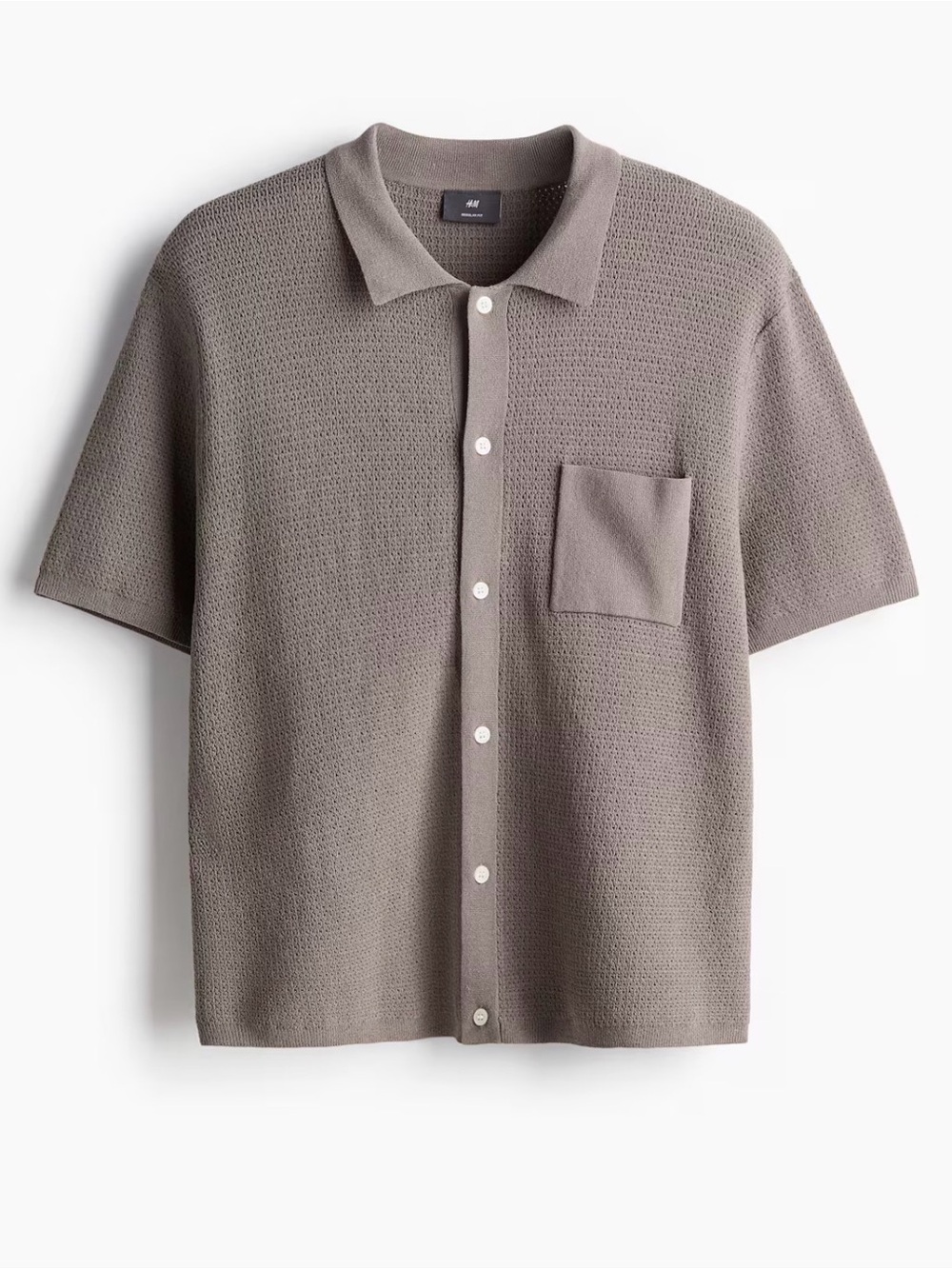 H&M Men's Short-Sleeve Button-Down Knit Shirt in Taupe Gray